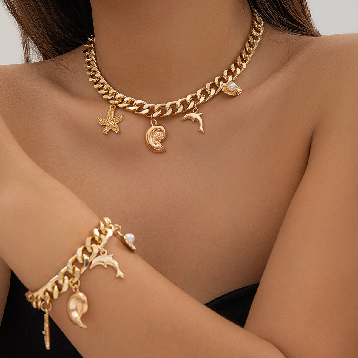 Boho Dolphin & Starfish Pendant Choker Necklace