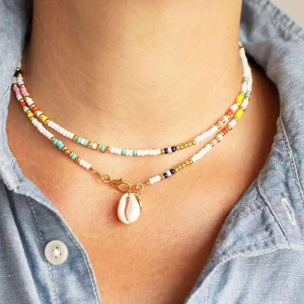 Double Layered Glass Bead Shell Necklace