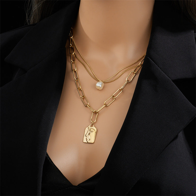 Layered Pearl Portrait Choker Necklace