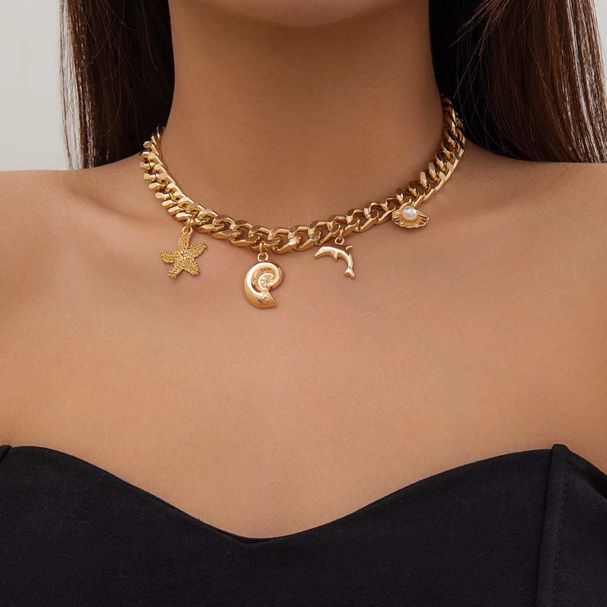 Boho Dolphin & Starfish Pendant Choker Necklace