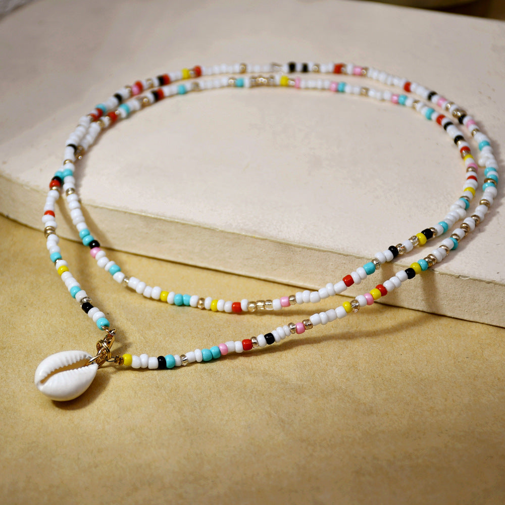 Double Layered Glass Bead Shell Necklace